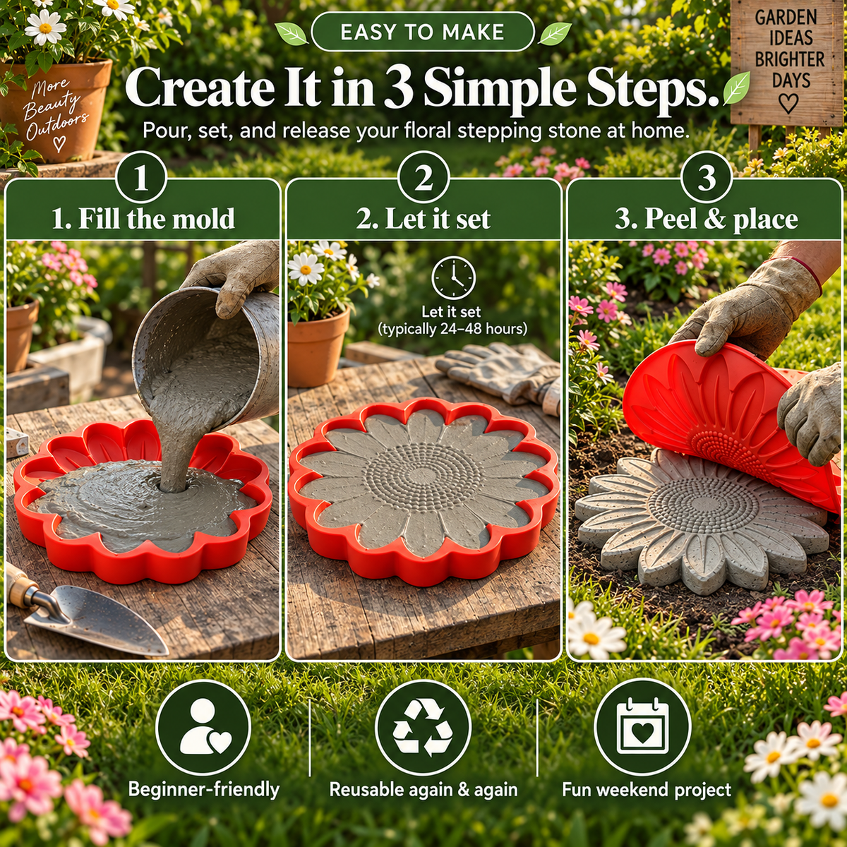 Three steps for making sunflower concrete stepping stone fill mold let set and release