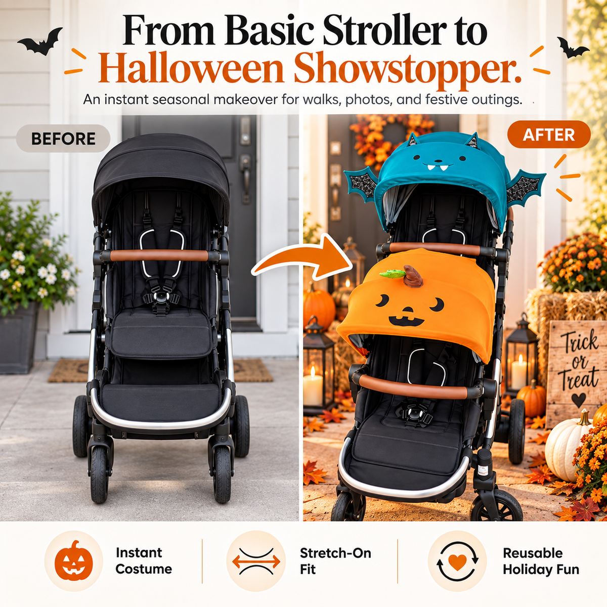 👻 SpookyStroll™ Halloween Stroller Costume – Cute Pumpkin & Bat Canopy Cover for Festive Family Fun