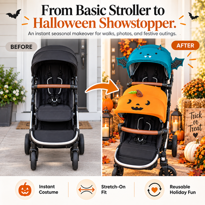 👻 SpookyStroll™ Halloween Stroller Costume – Cute Pumpkin & Bat Canopy Cover for Festive Family Fun