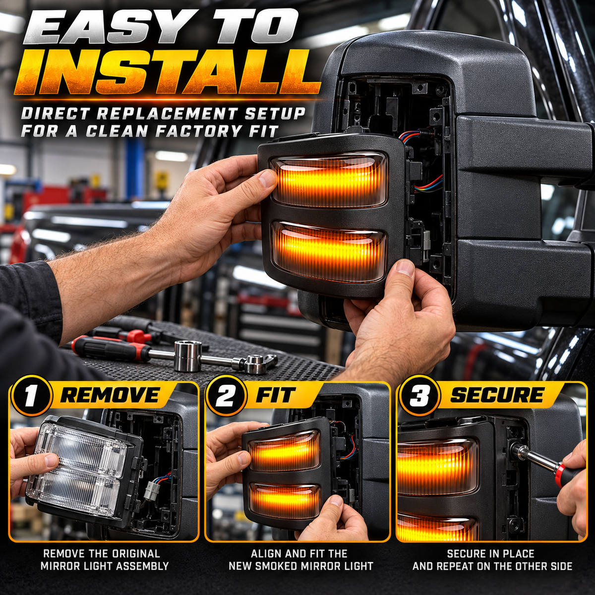 Dual-Mode LED Mirror Lights – White & Amber Turn Signal Upgrade for Heavy-Duty Trucks