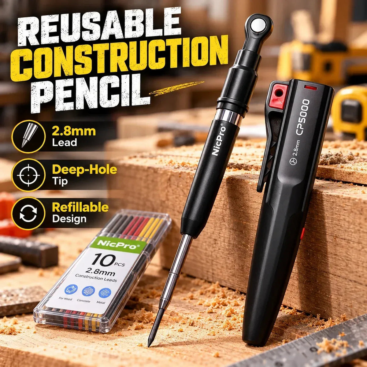 ✏️ Reusable Carpenter Pencil – FREE 10-Piece Lead Refill Kit