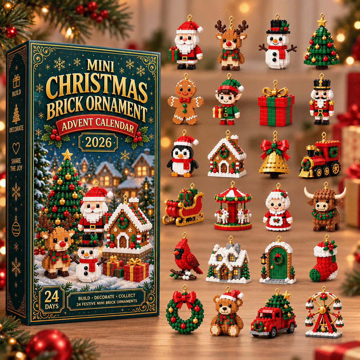 Animated product overview showing 24 different mini Christmas brick ornaments