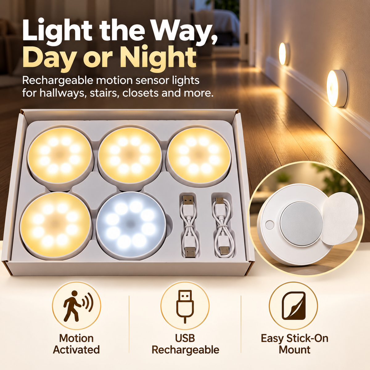 💡 GlowSense™ Rechargeable Motion Sensor Lights – Wireless Stick-On Lights for Stairs, Closets & Hallways