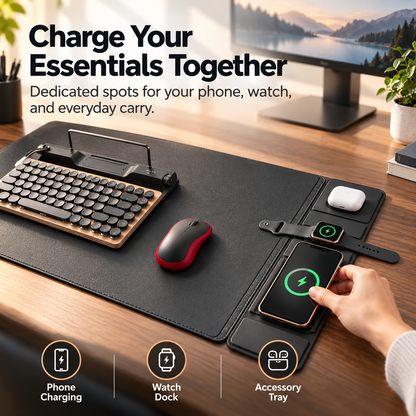 All-in-One Smart Desk Mat with Wireless Charging, Large Office Desk Pad with Phone, Watch & Earbud Charging Area, Multifunctional Workspace Organizer for Home Office & Gaming Desk