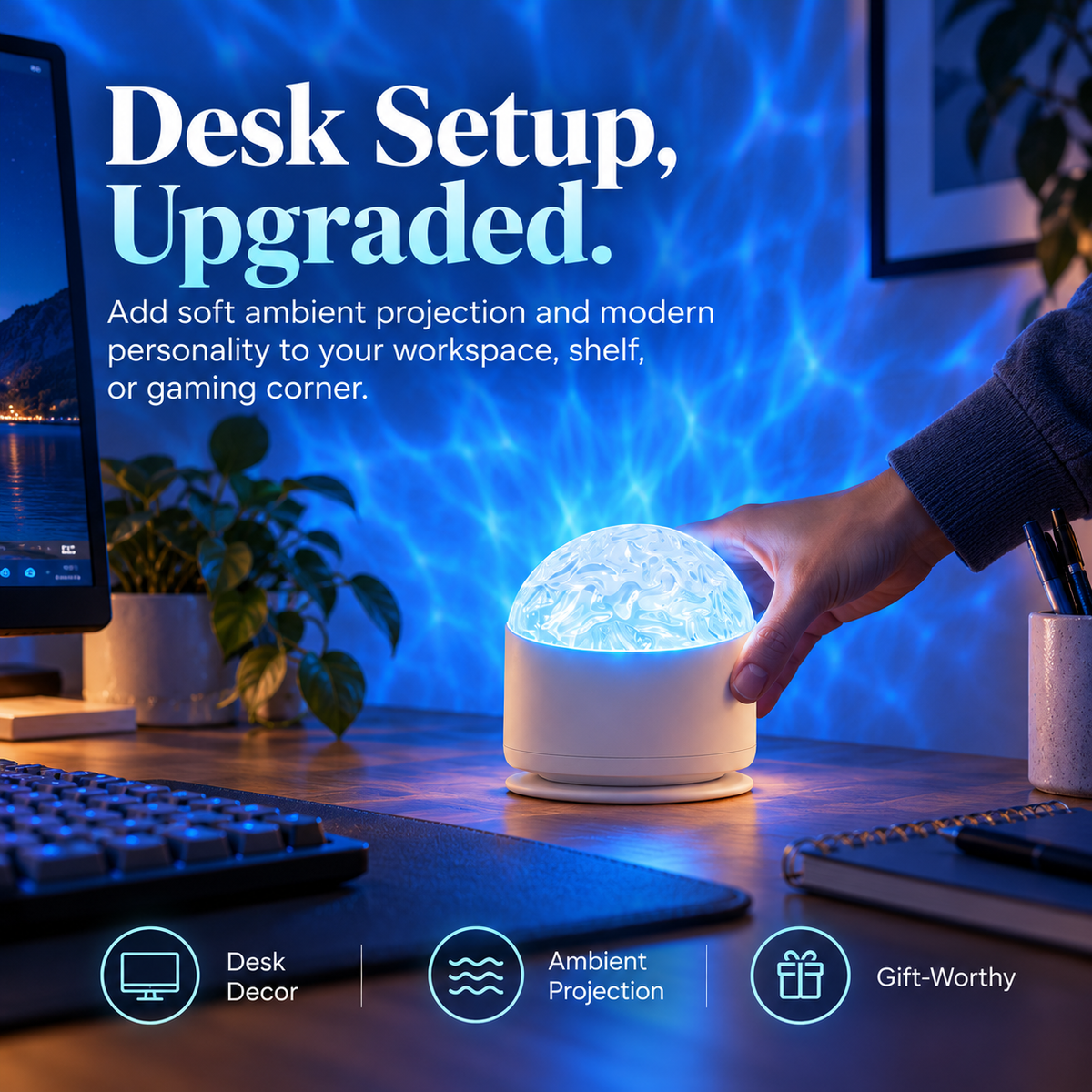 White ripple ambient projector used on a modern computer desk