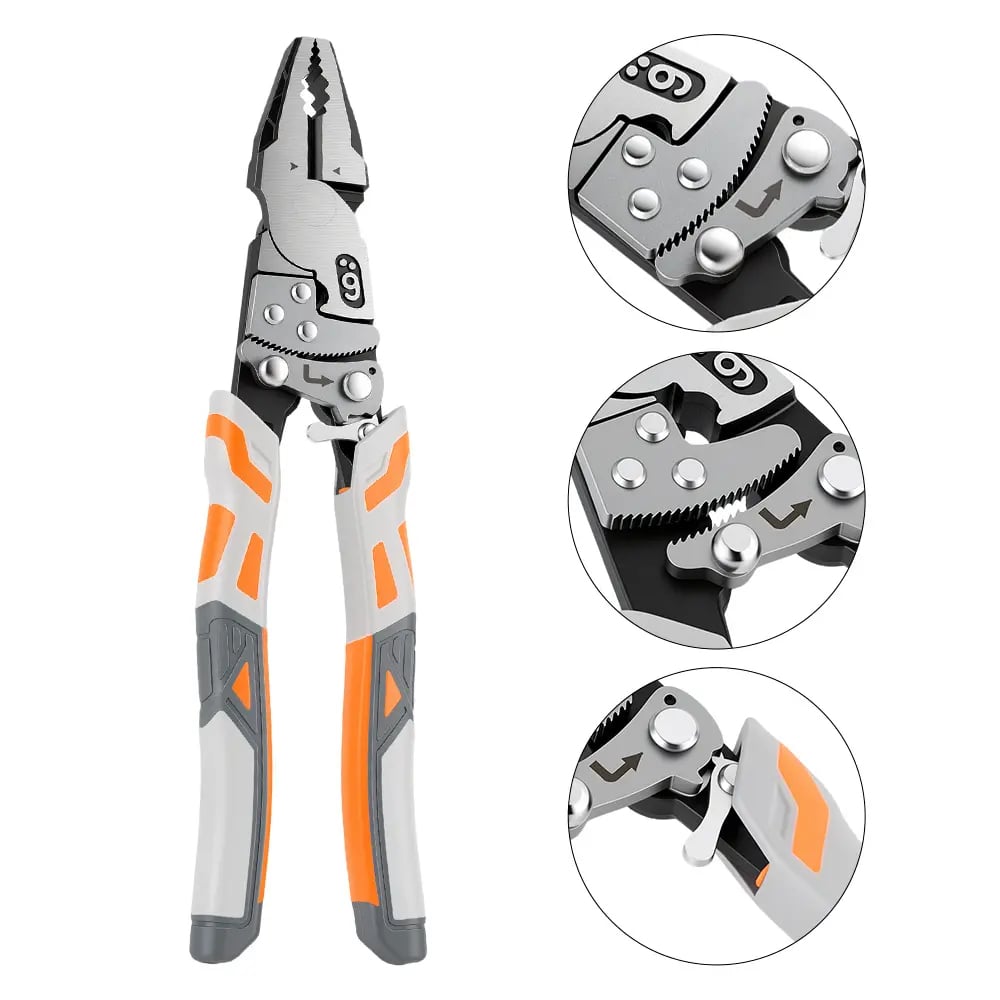 Self-locking ratchet pliers with orange and gray handles and mechanism close-ups
