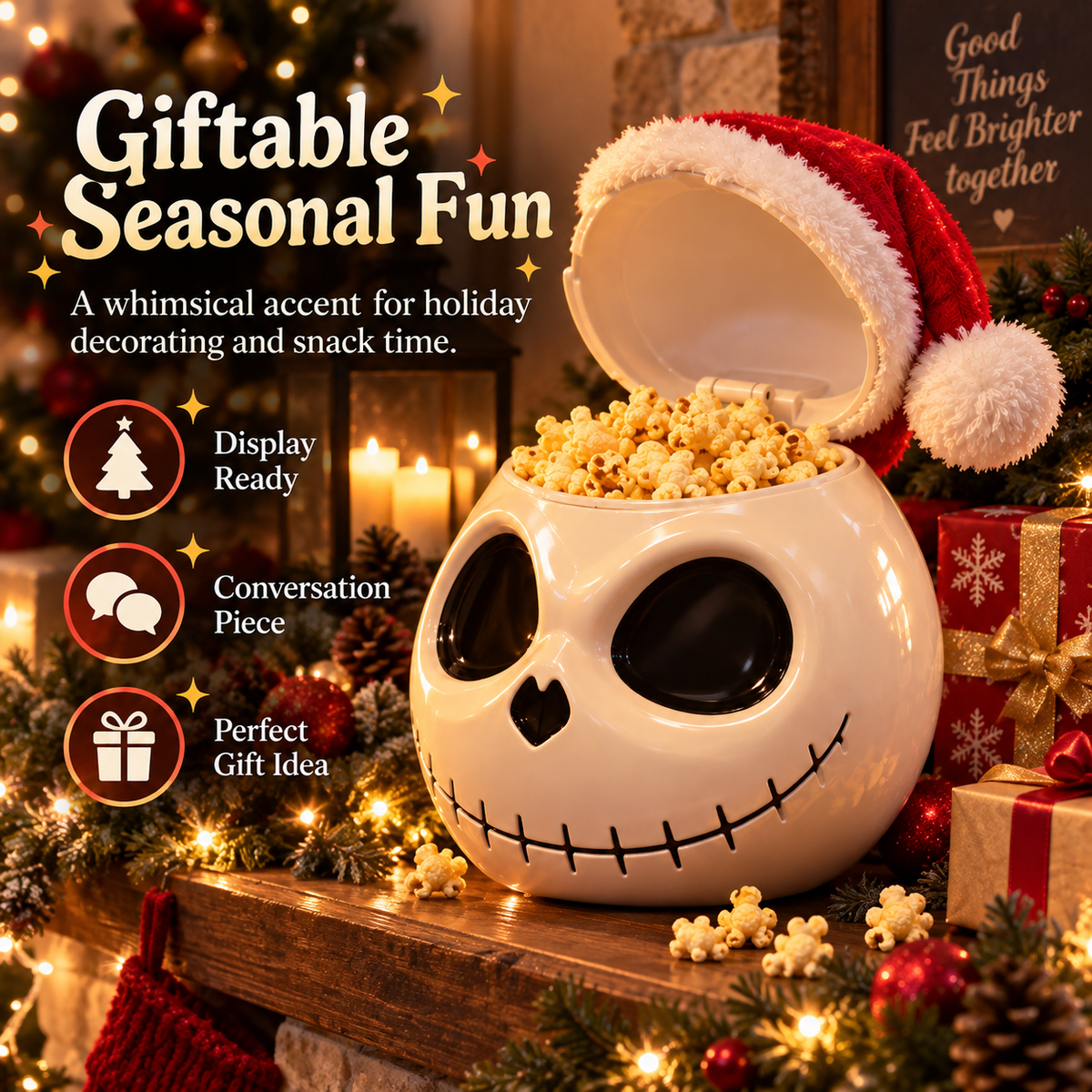 Spooky Skull Popcorn Bucket with Lid, Large Halloween Snack Bowl with Santa Hat Design, Reusable Movie Night Treat Container for Christmas, Parties & Holiday Decor