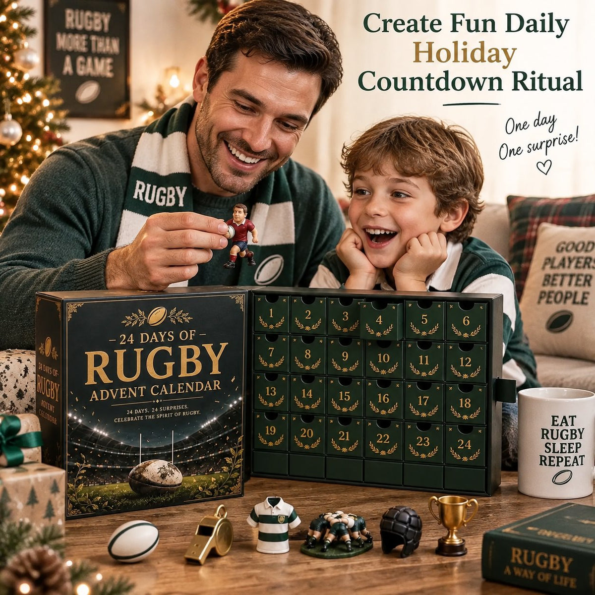 Rugby Advent Calendar product size and 24-piece charm set details