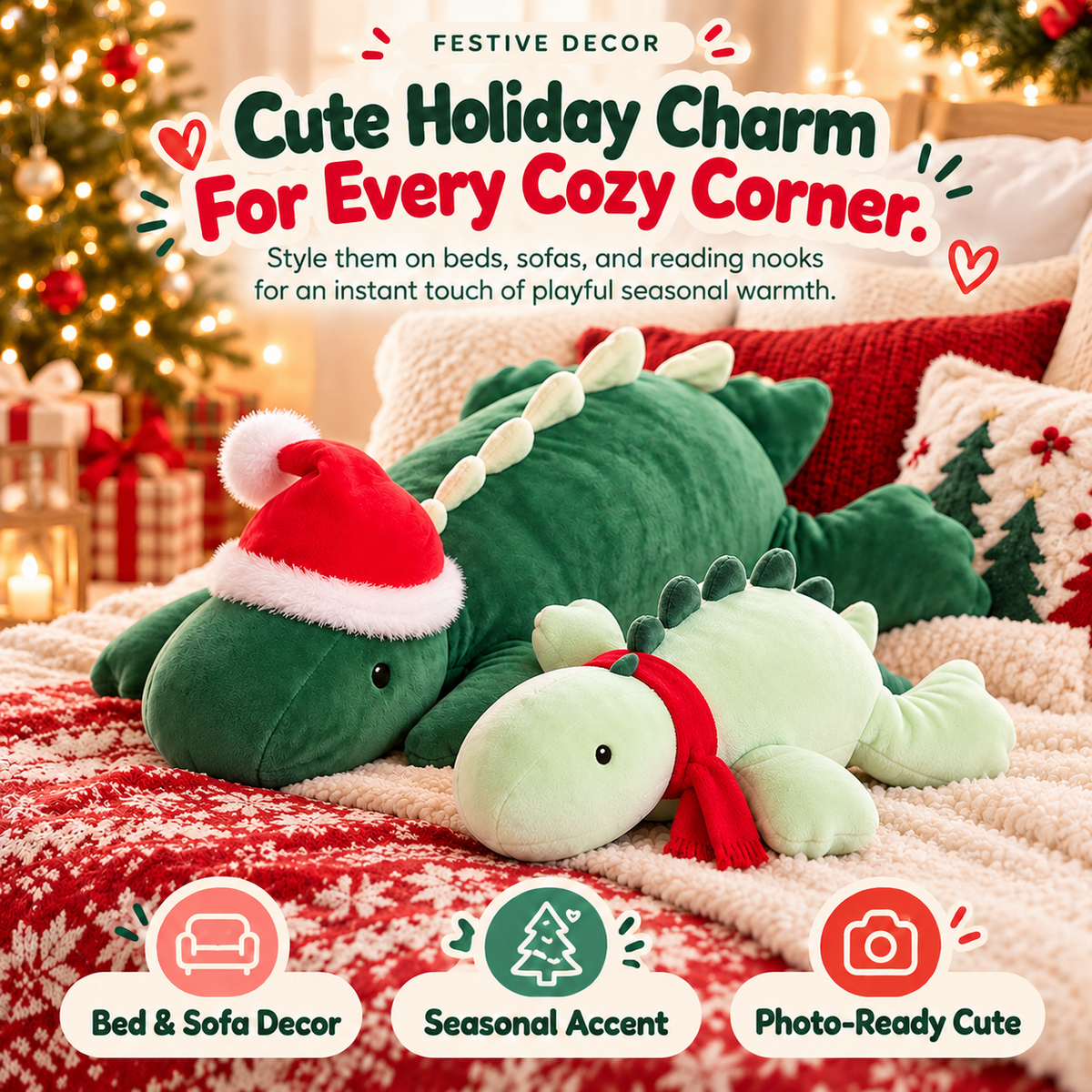Christmas dinosaur duo styled on a festive sofa