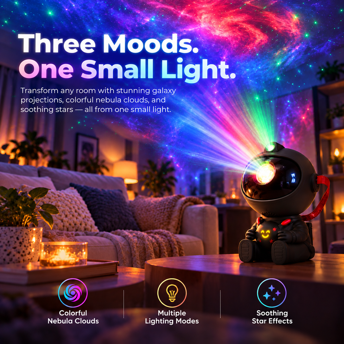 Astronaut galaxy projector casting colorful nebula clouds and star effects across a room