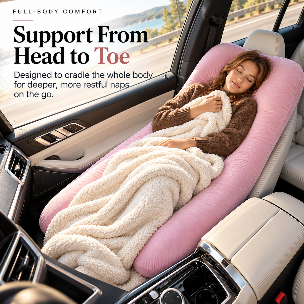 Full-body pink car seat pillow surrounding the passenger seating area in a modern vehicle