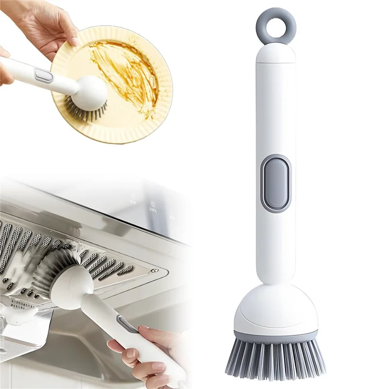 Long-handle dish brush scrubbing a plate and a kitchen sink drain area with its round bristle head