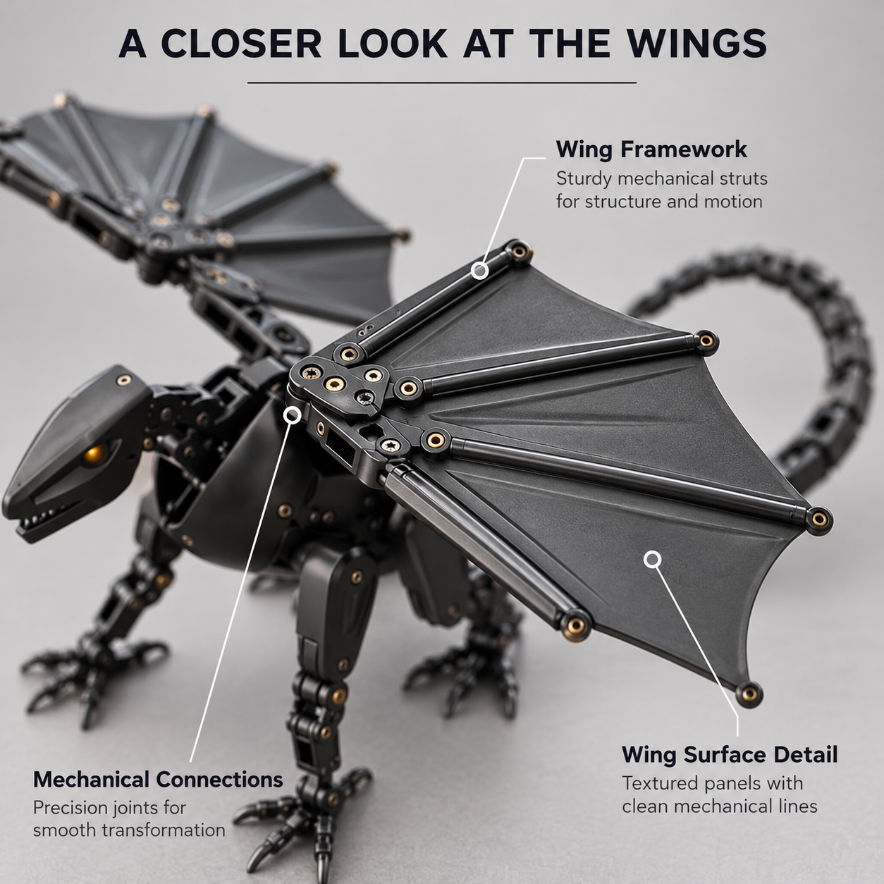 Detailed view of the mechanical dragon's wing frames and connecting sections