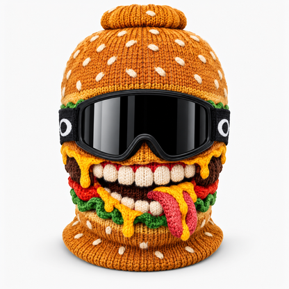 🍔 Burger Monster Knit Ski Mask – Funny Food Balaclava