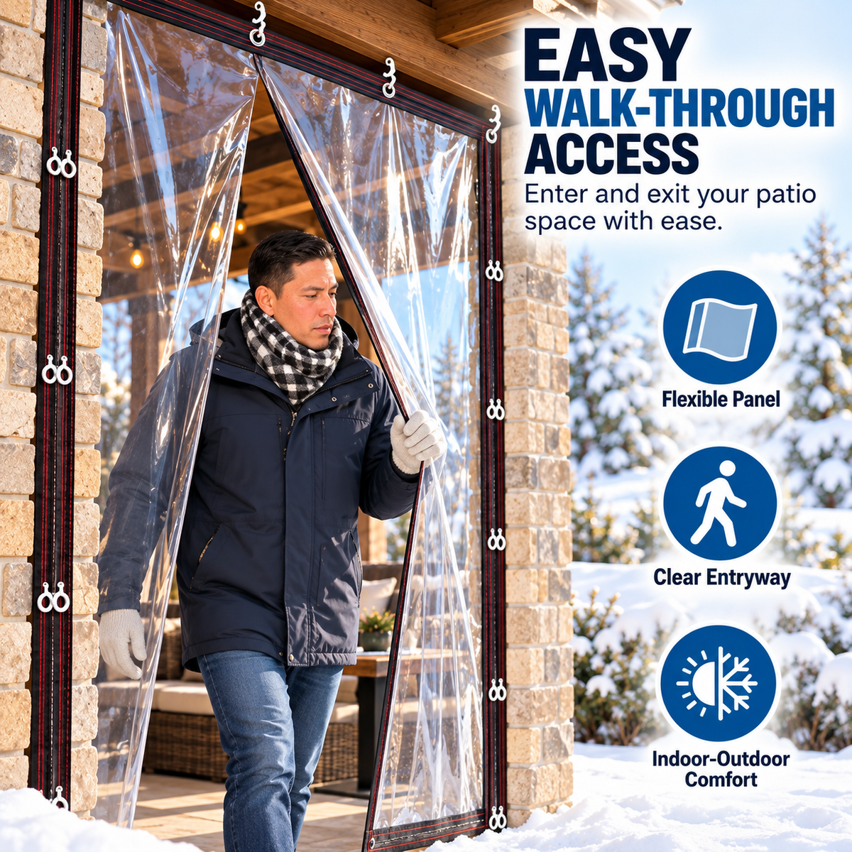 Person walking through the flexible center opening of a clear outdoor PVC patio curtain installed on a covered porch in winter