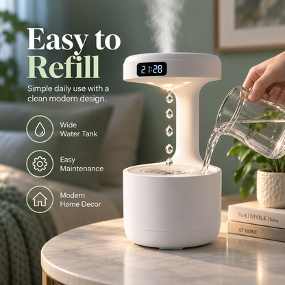 Anti-Gravity Humidifier with Floating Water Drop Effect, Quiet Desktop Cool Mist Humidifier with Soft Night Light & Digital Clock, Modern Bedside Decor for Bedroom, Office & Home