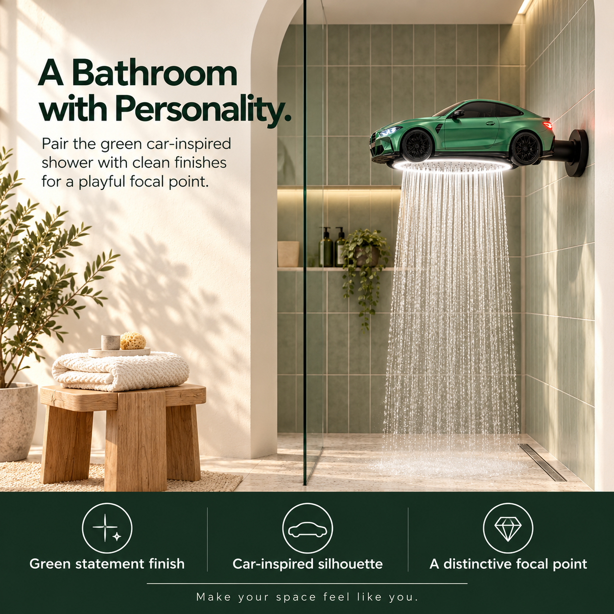 Green car-shaped shower head styled in a modern bathroom with neutral tiles and natural accents