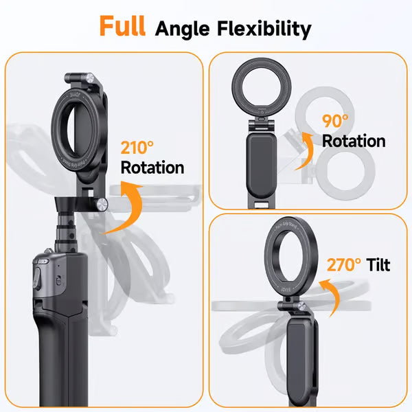 3-in-1 Compact Metal Selfie Stick-Tripod for Cellphone- Black Selfie Stick Kit + Light with Quick Magnetic Setup, Adjustable Holder, Rotatable Stabilizer, Extendable Remote, 3 Rings, Fill Light Ready Mobile Accessory, Selfie Sti