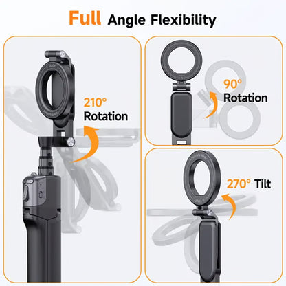 3-in-1 Compact Metal Selfie Stick-Tripod for Cellphone- Black Selfie Stick Kit + Light with Quick Magnetic Setup, Adjustable Holder, Rotatable Stabilizer, Extendable Remote, 3 Rings, Fill Light Ready Mobile Accessory, Selfie Sti