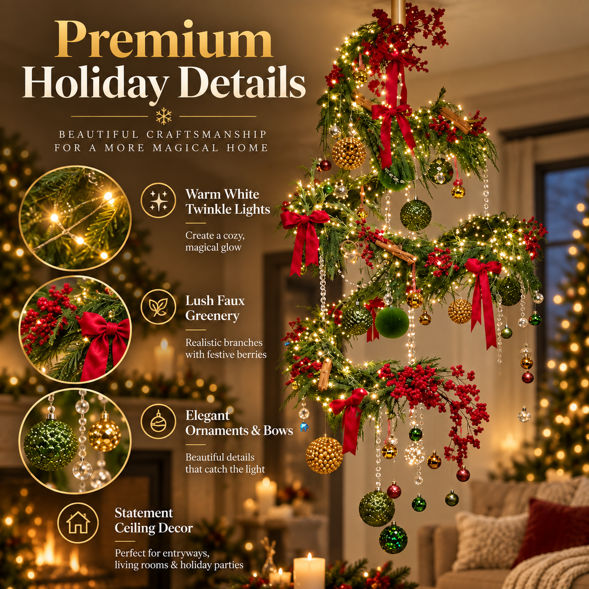 Close-up of hanging spiral Christmas tree lights greenery red berries bows and ornaments