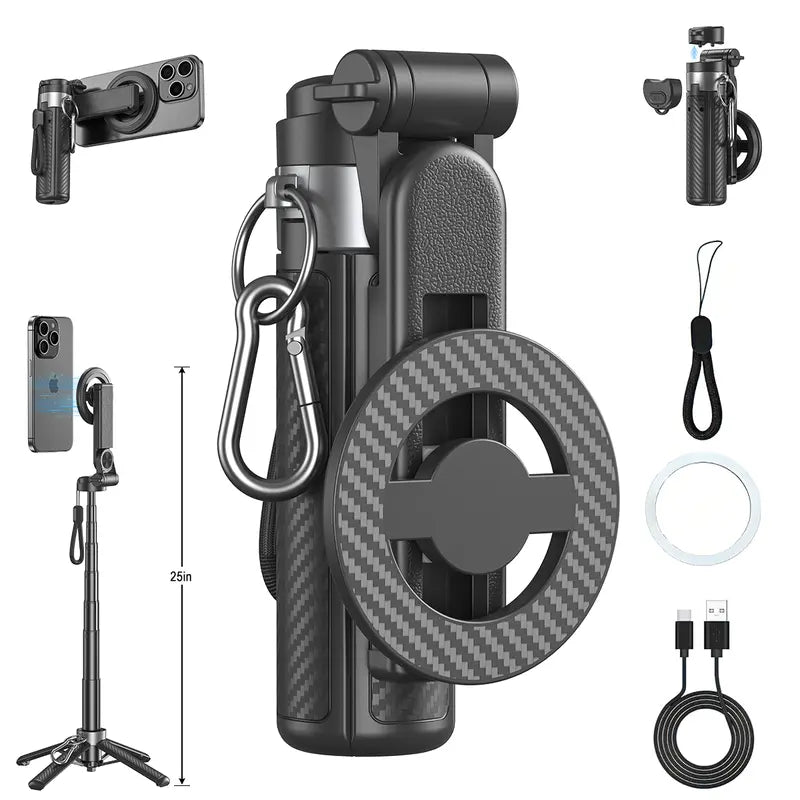 Black magnetic selfie stick tripod with accessories