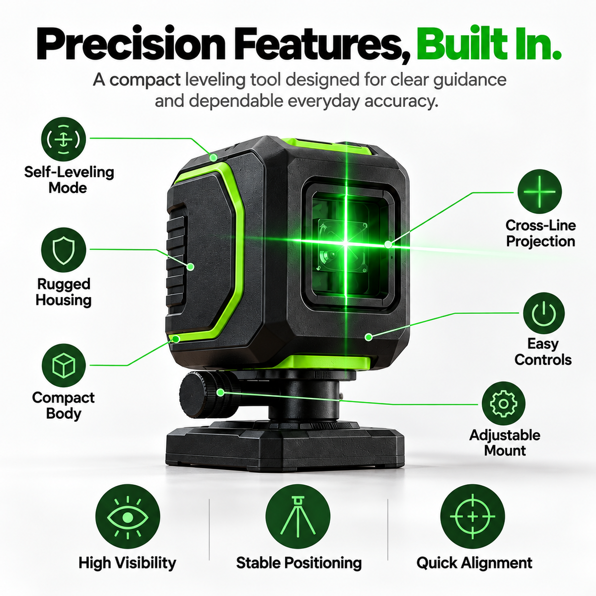 Cross-line laser level feature diagram showing self-leveling mode rugged housing compact body cross-line projection controls and adjustable mount
