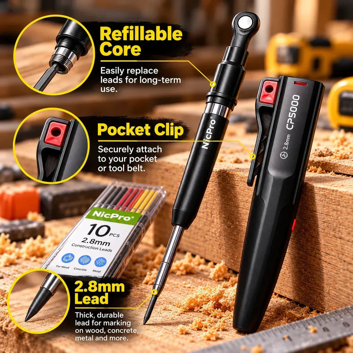 ✏️ Reusable Carpenter Pencil – FREE 10-Piece Lead Refill Kit