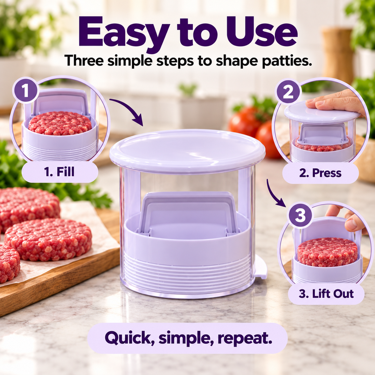 Mini Hamburger Patty Press, Easy Manual Burger Maker for Uniform Patties & Quick Kitchen Prep