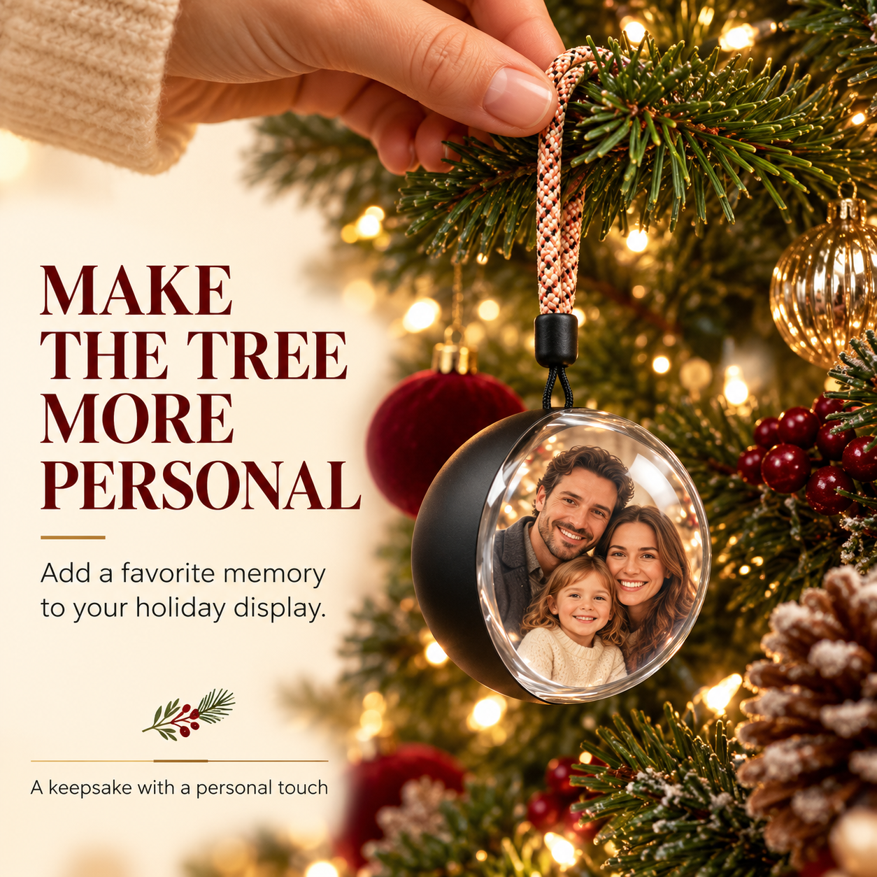 A hand hanging a family photo ornament among Christmas tree branches