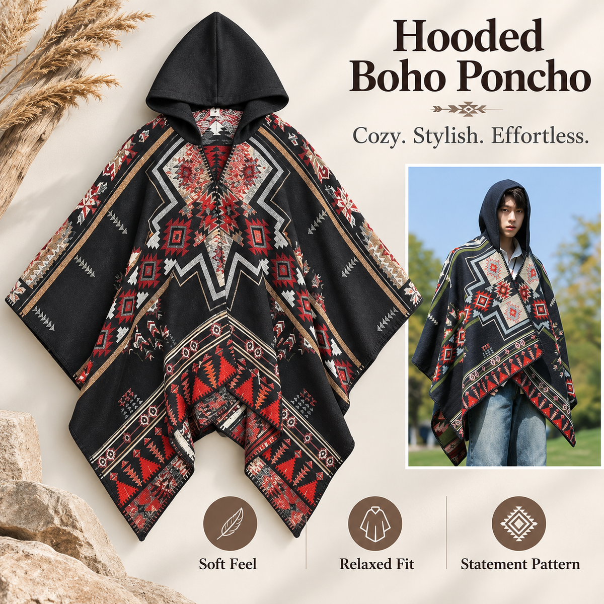 Hooded Boho Poncho Cape, Ethnic Geometric Print Oversized Shawl Wrap, Soft Relaxed Fit Cloak for Fall Winter, Casual Outdoor & Festival Wear