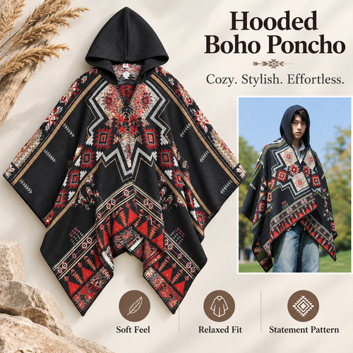 Hooded Boho Poncho Cape, Ethnic Geometric Print Oversized Shawl Wrap, Soft Relaxed Fit Cloak for Fall Winter, Casual Outdoor & Festival Wear
