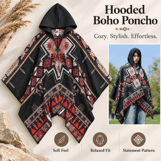 Hooded Boho Poncho Cape, Ethnic Geometric Print Oversized Shawl Wrap, Soft Relaxed Fit Cloak for Fall Winter, Casual Outdoor & Festival Wear
