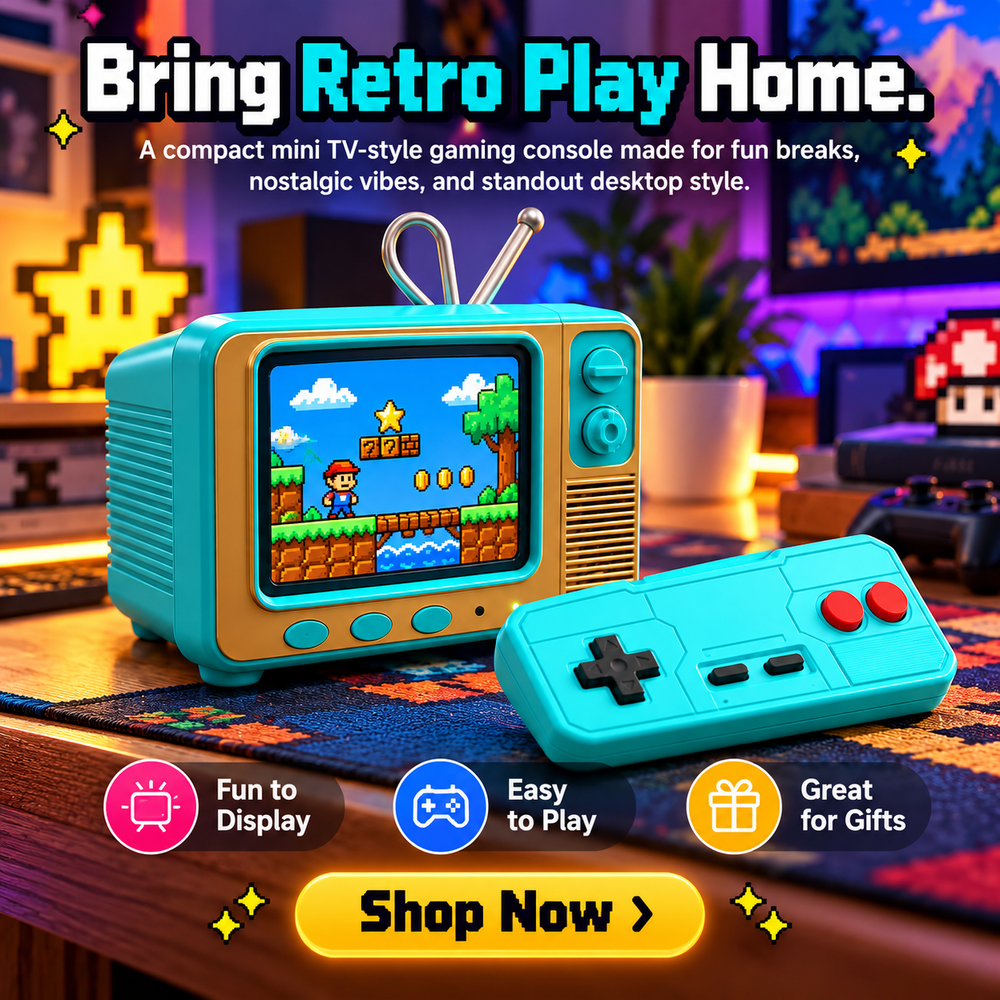 Turquoise mini retro gaming console and matching controller in a colorful gaming space