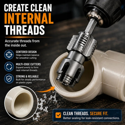 🔥HOT SALE🔥📍Drill-Powered Pipe Thread Cutting Bit — Internal & External Threading for 1/2' & 3/4' Plastic Pipes