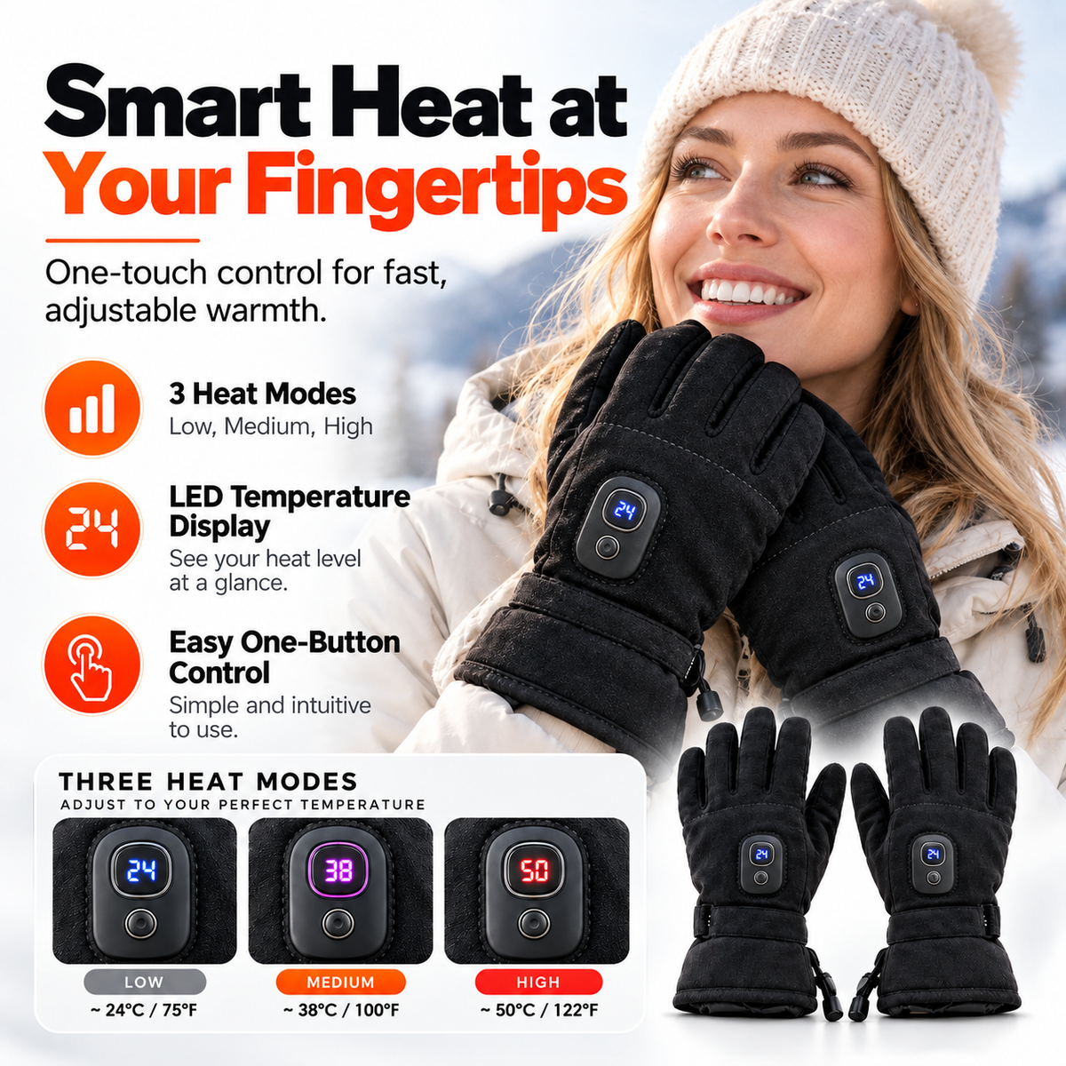 🔥 HeatCore™ Rechargeable Heated Gloves – 3-Mode Smart Heating & Touchscreen Winter Gloves