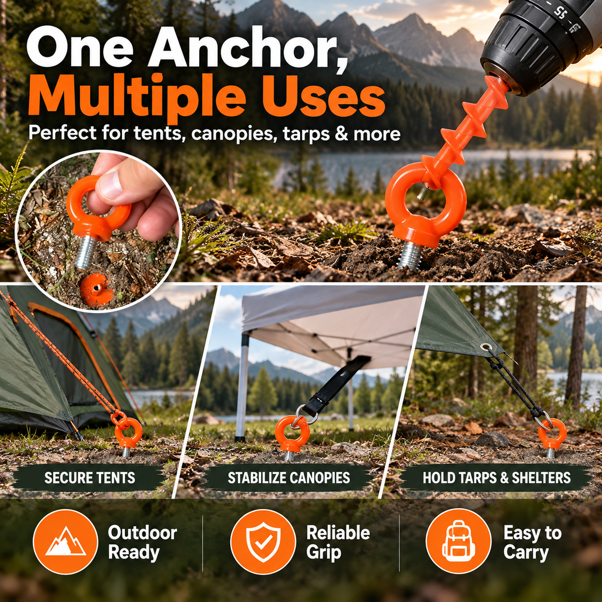 AnchorPro™ Drill-In Ground Anchor – Power Drill Tent, Canopy & Tarp Anchor