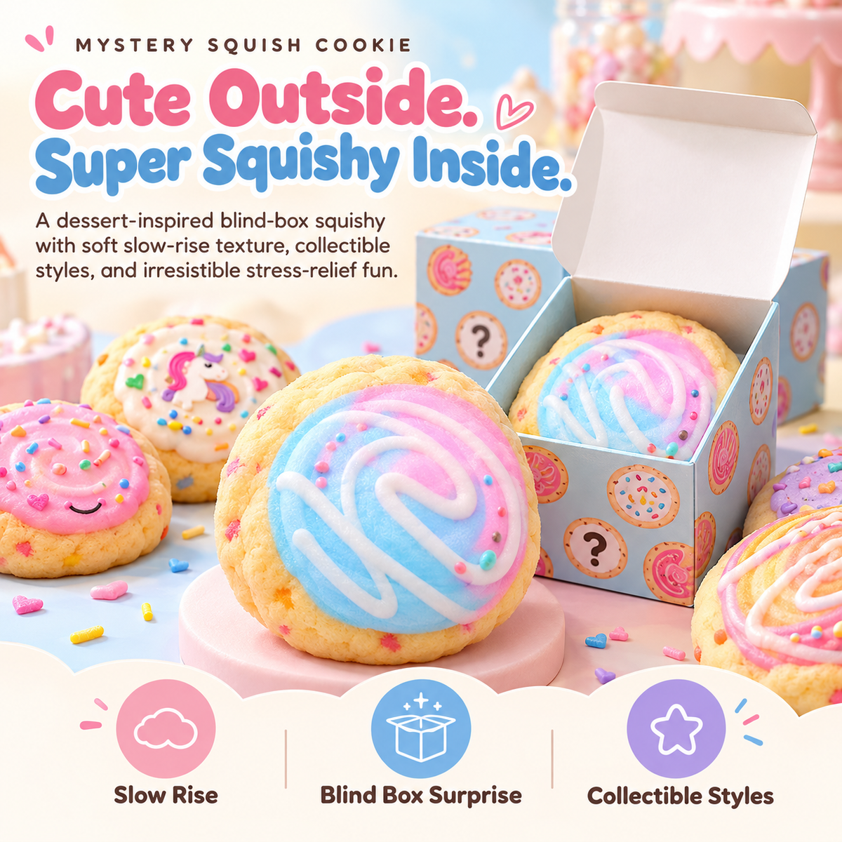 🍭 SquishMallow™ Mystery Cookie Blind Box – Kawaii Slow-Rising Squishy Toy with Sweet Surprise Collectibles