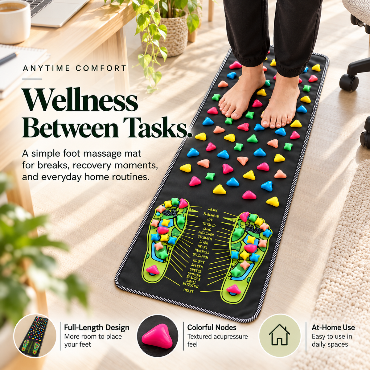 Reflexology Foot Massage Mat, Full-Length Acupressure Walking Mat with Textured Pressure Nodes, Foot Relaxation & Massage Pad for Home, Office and Daily Wellness