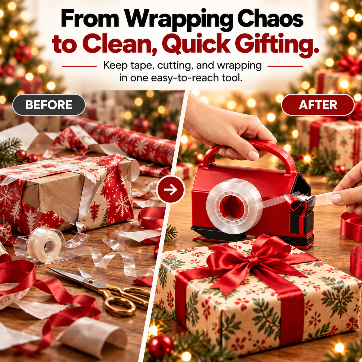 Before and after comparison of messy traditional gift wrapping and cleaner TapeMate wrapping workflow