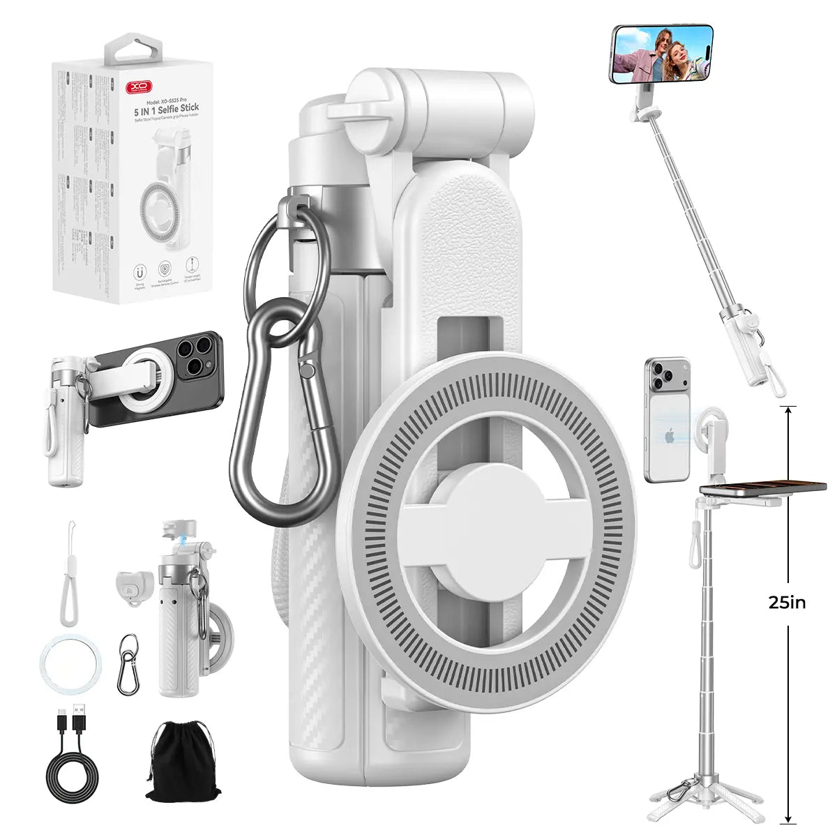 White magnetic selfie stick tripod with accessories