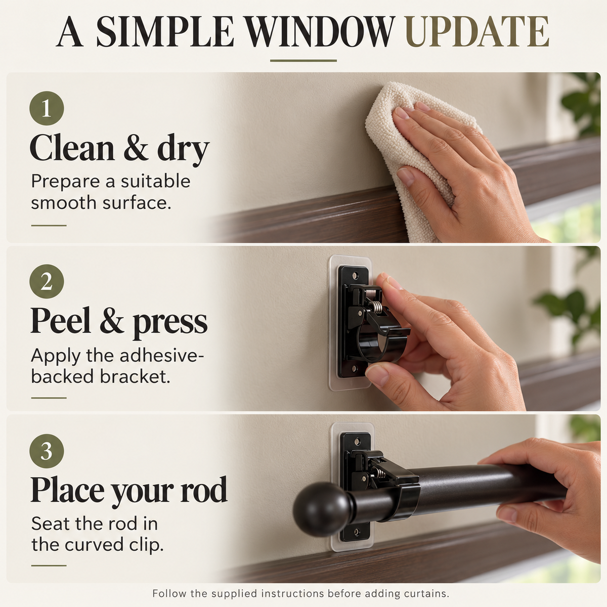 🏡 StickEase No-Drill Curtain Rod Brackets — 4-Pack