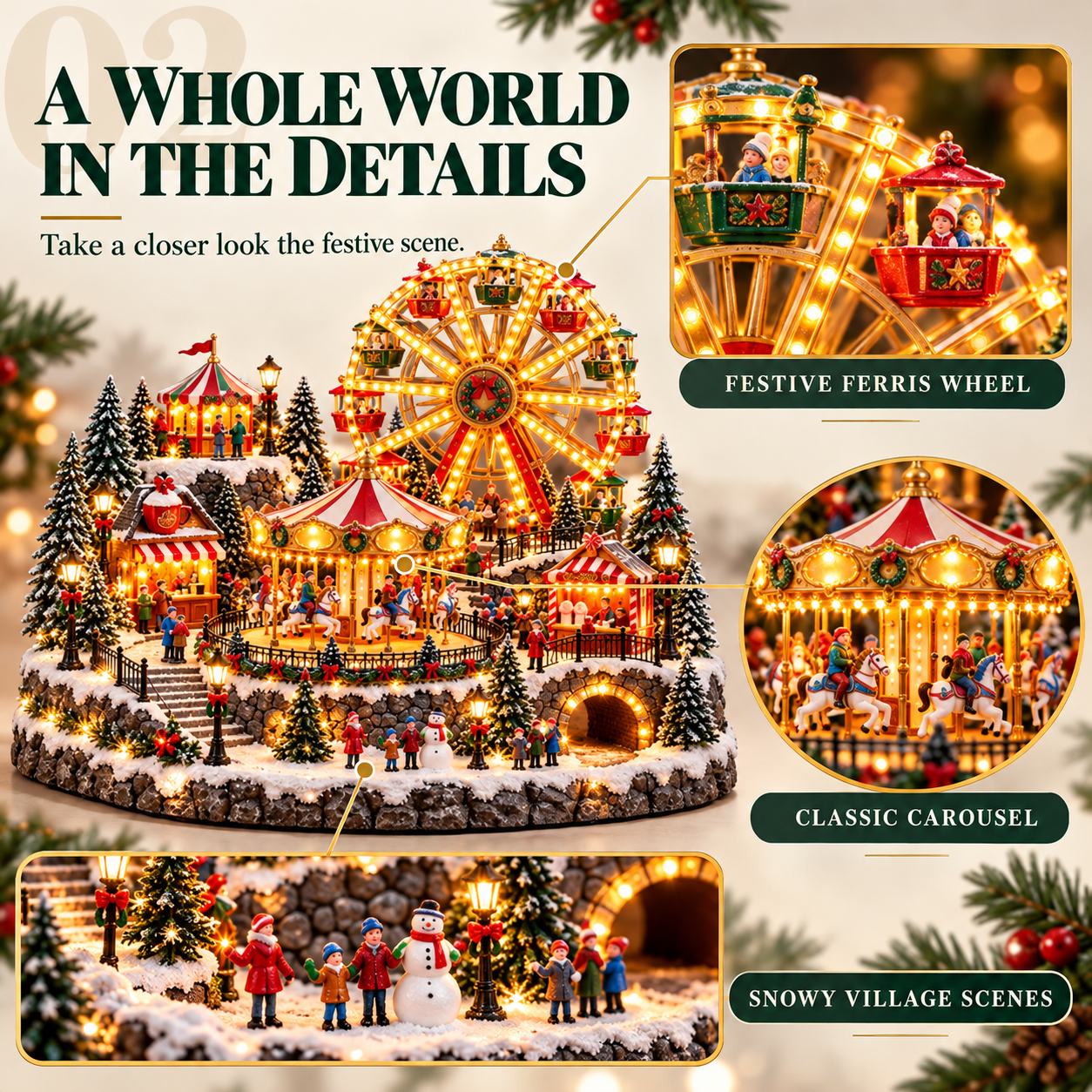 Christmas Wonderland Carnival details graphic featuring Ferris wheel, carousel and snow scene closeups