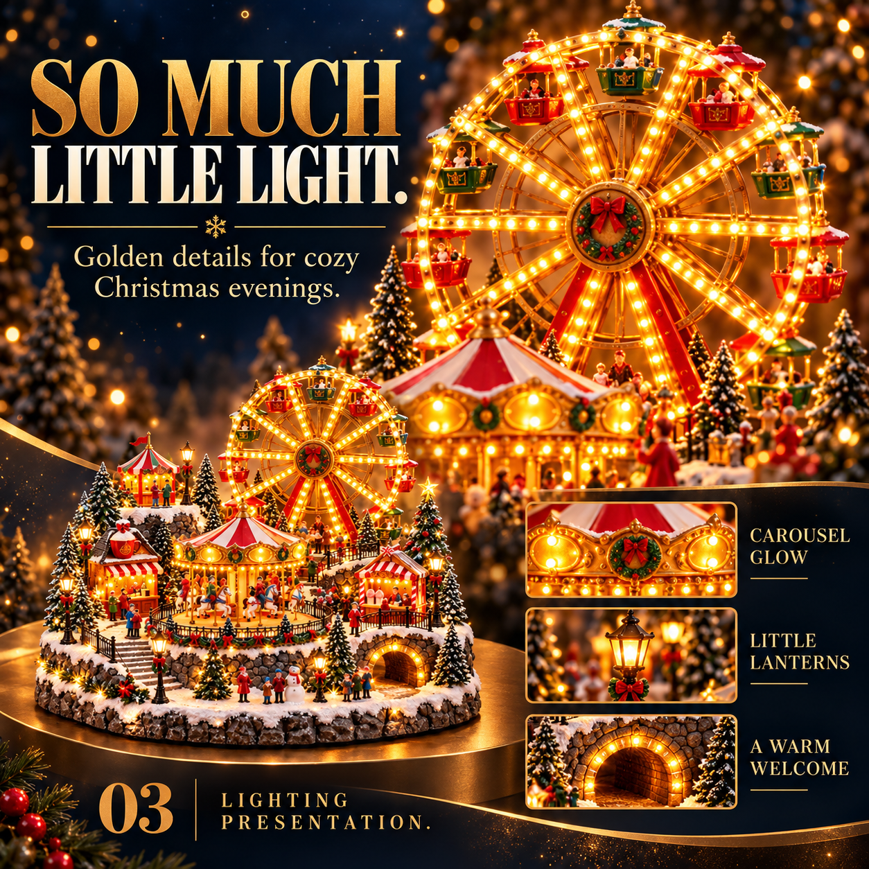 Christmas Wonderland Carnival lighting infographic with Ferris wheel, lanterns and golden festive glow