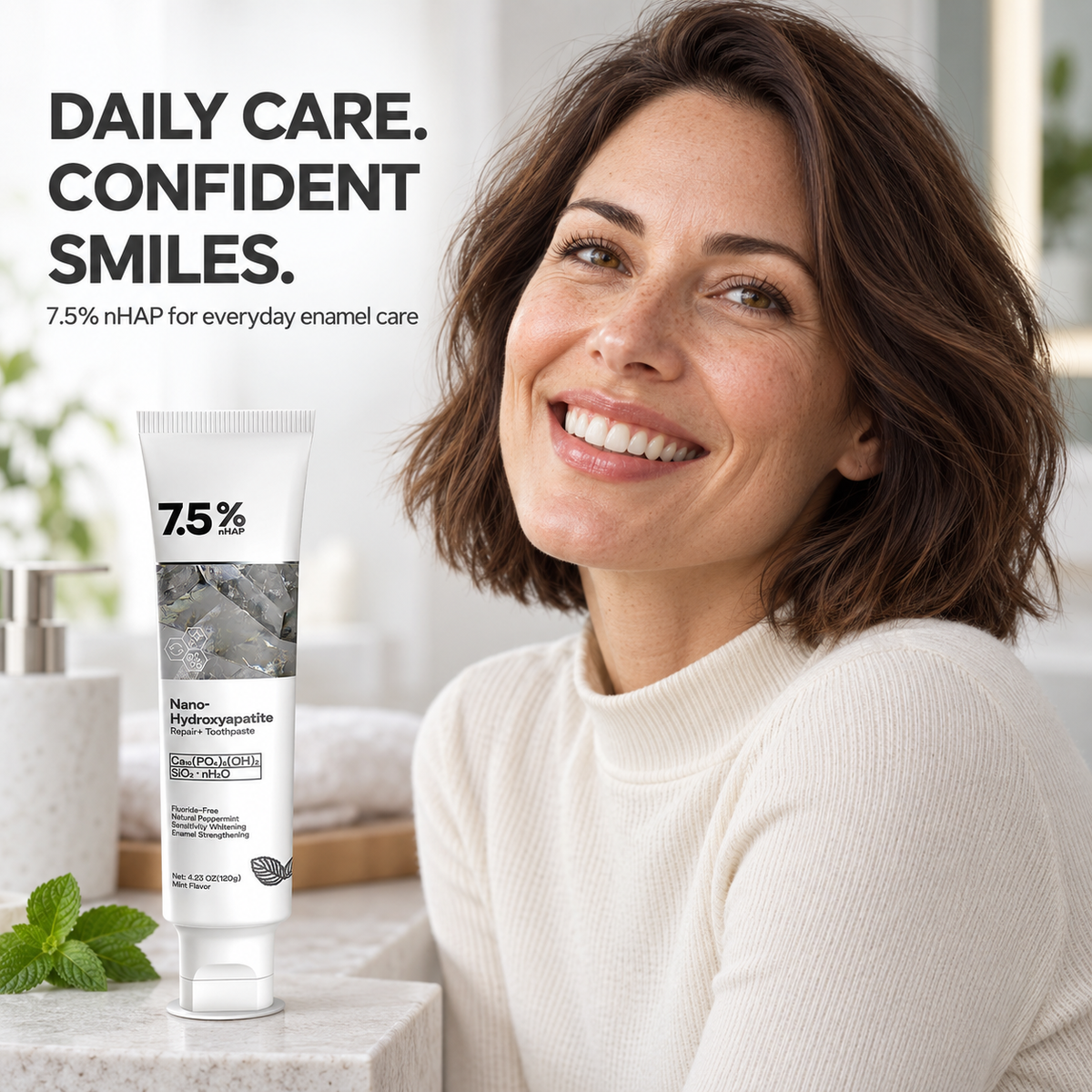 Smiling adult with 7.5 percent nano hydroxyapatite toothpaste