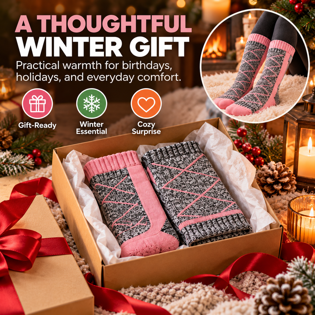 ThermoWarm rechargeable heated socks presented as a winter gift