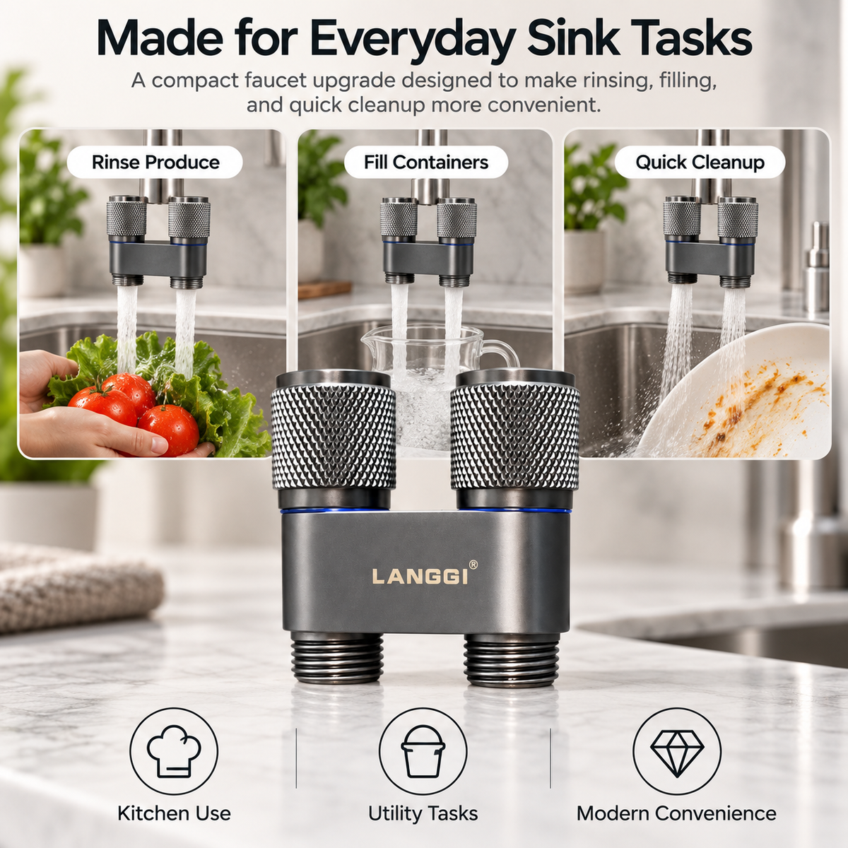 AquaSwitch seller artwork showing produce rinsing container filling and sink cleanup