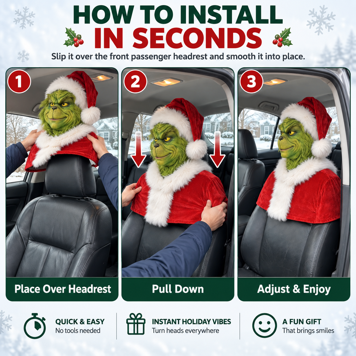🚗 GrinchRide™ Remote-Controlled Christmas Car Prank – Animated Headrest Holiday Decoration