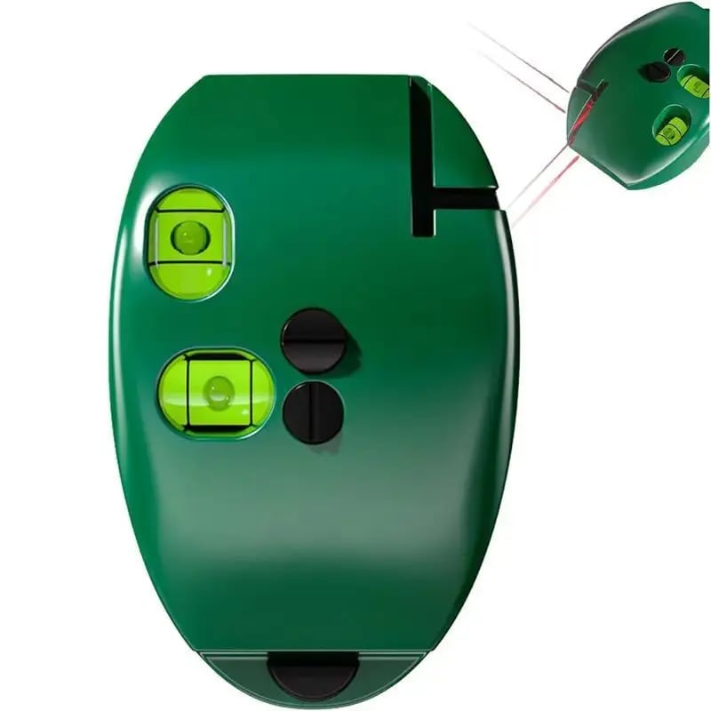 Front product view of compact green laser level with two bubble vials