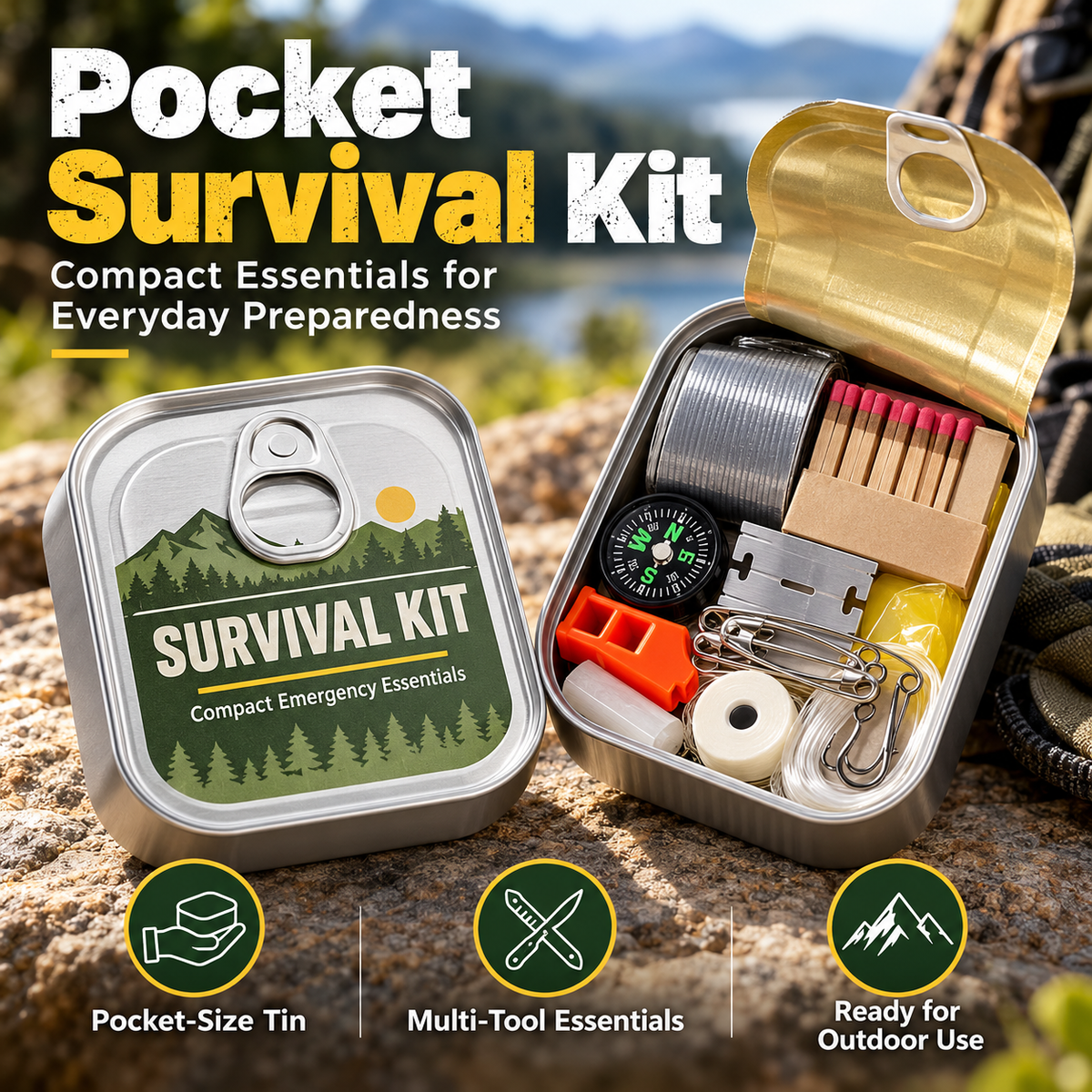 Pocket Survival Kit, Compact Emergency Essentials Tin with Multi-Tool Accessories, Mini Outdoor Preparedness Kit for Camping, Hiking, Travel, Backpacking & Everyday Carr