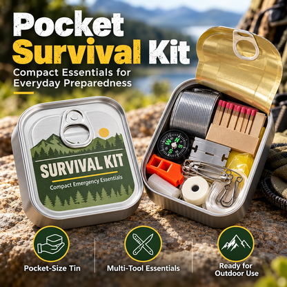 Pocket Survival Kit, Compact Emergency Essentials Tin with Multi-Tool Accessories, Mini Outdoor Preparedness Kit for Camping, Hiking, Travel, Backpacking & Everyday Carr